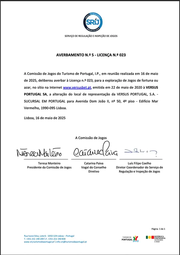 Certificado de Licença SRIJ do Betano Casino Online