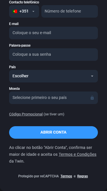 Registo e login para jogadores portugueses no casino Twin Online Formulário de registo do Twin Online Casino